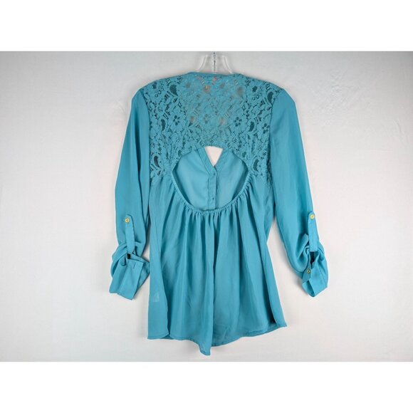 Rebellious One Womens Turquoise Button-Up Lace Open Back Blouse Size S - Picture 4 of 8